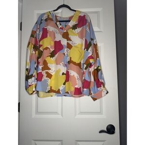 Hailey And Co Plus Size V Neck Abstract Vibrant Pattern Long Sleeve Blouse 1x